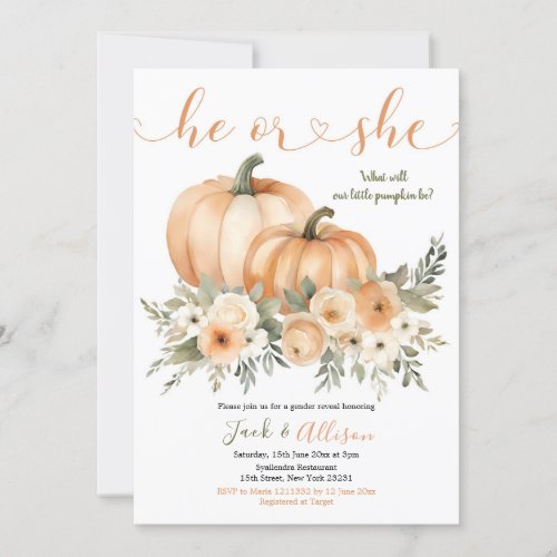 He or She Rustic Fall Orange Pumpkin Gender Reveal Invitation