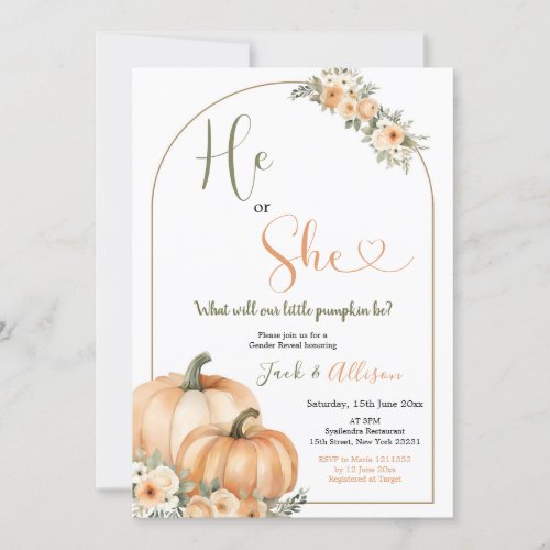 He or She Rustic Orange Pumpkin Fall Gender Reveal Invitation