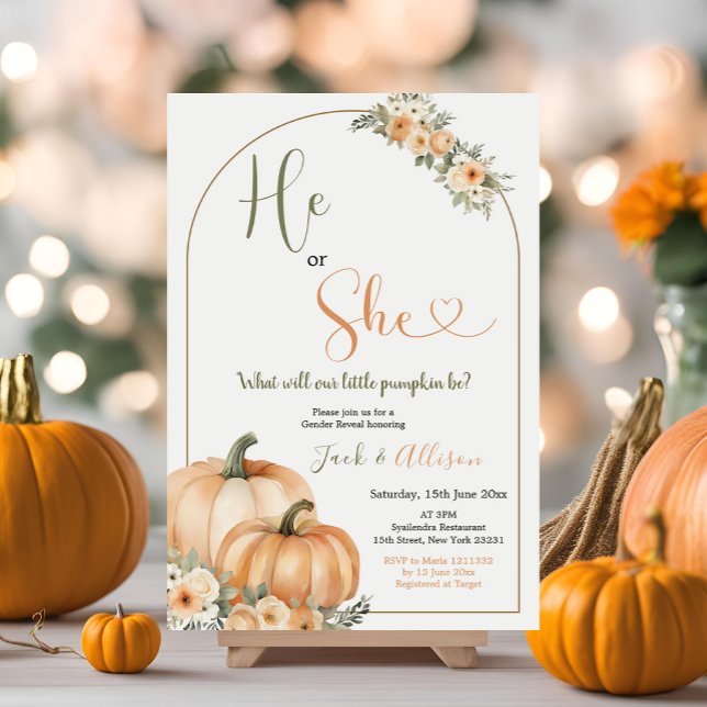 He or She Rustic Orange Pumpkin Fall Gender Reveal Invitation (Creator Uploaded)