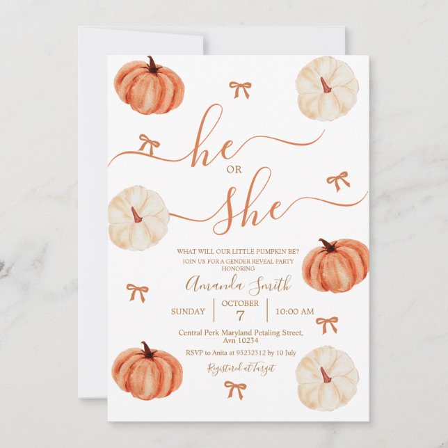 He or She Rustic Pumpkin Gender Reveal Invitation (Front)