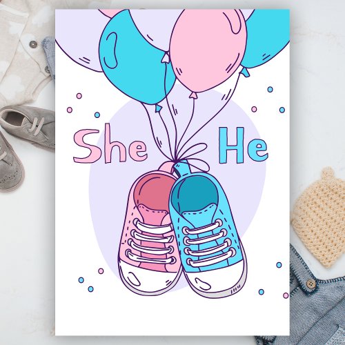 He or She Sneakers Pink Blue Balloon Gender Reveal Invitation