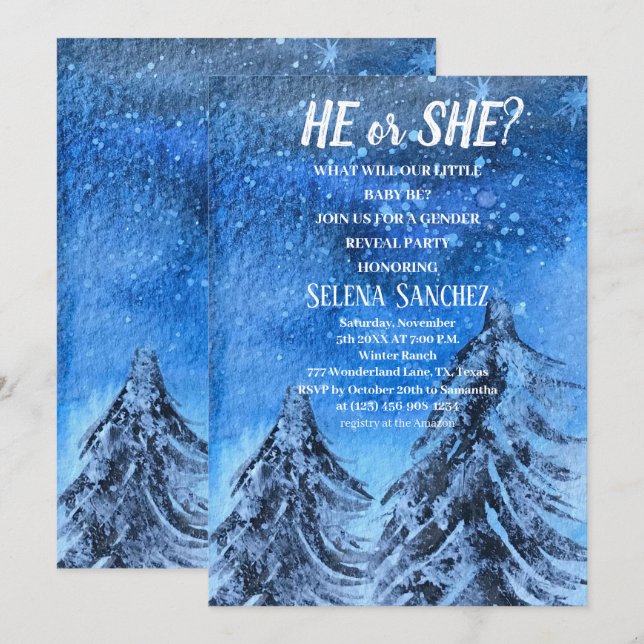 He or She Snowflake Winter Wonderland Baby Shower  Invitation (Front/Back)