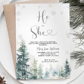 He or She Evergreen Winter Gender Reveal Invitation