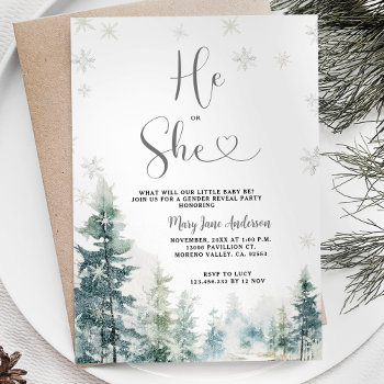 He Or She Snowflakes Winter Gender Reveal Invitation by HappyPartyStudio at Zazzle