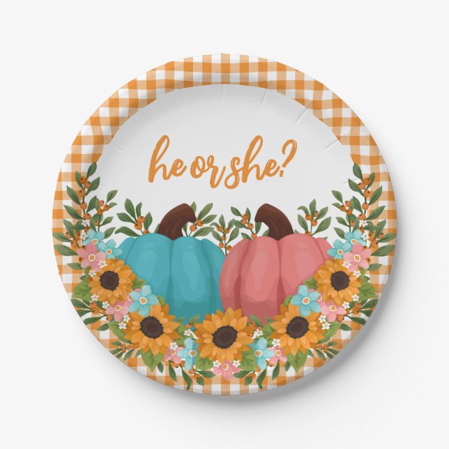 He or She Sunflowers Little Pumpkin Gender Reveal Paper Plates (Front)