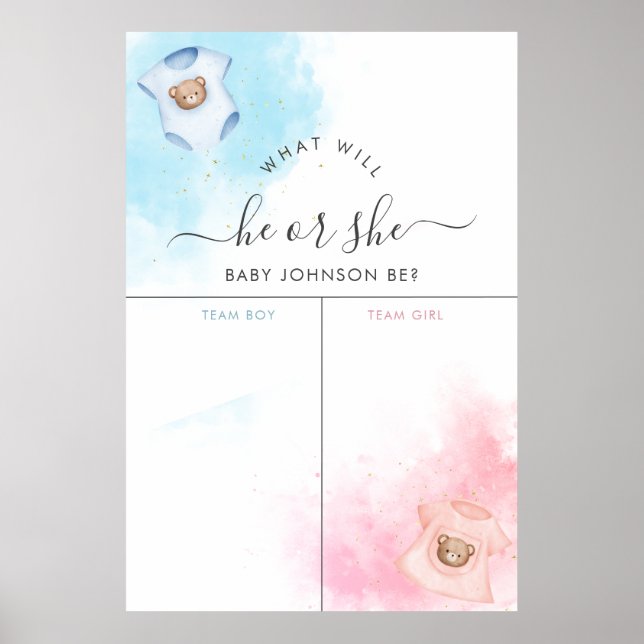 He or She Teddy Bear Clothes Gender Reveal Sign (Front)