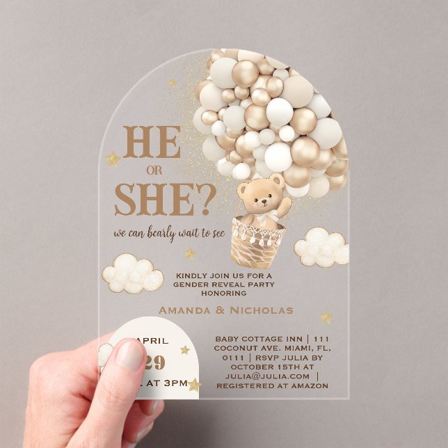 He or She Teddy Bear Gender Reveal Acrylic Invitations (Insitu (Handheld))