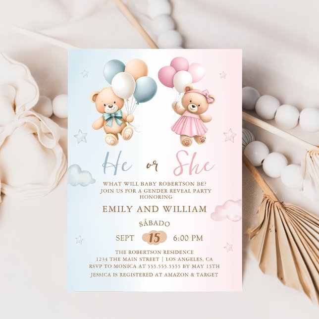 He or She Teddy Bear Gender Reveal Invitation (Creator Uploaded)