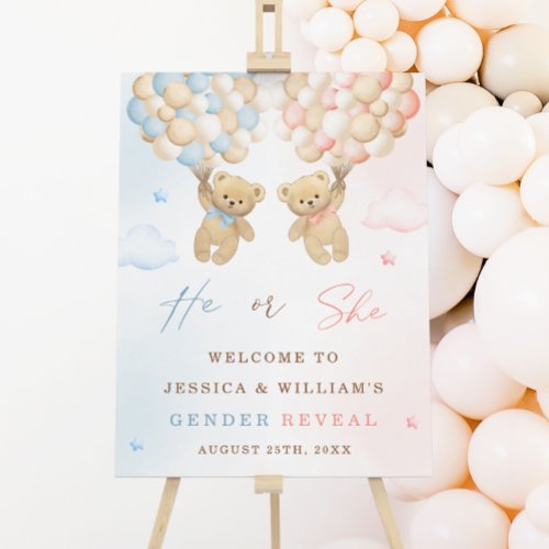 He or She Teddy Bear Gender Reveal Welcome Sign