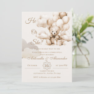 He or She Teddy Bear with Balloons Gender Reveal I Invitation