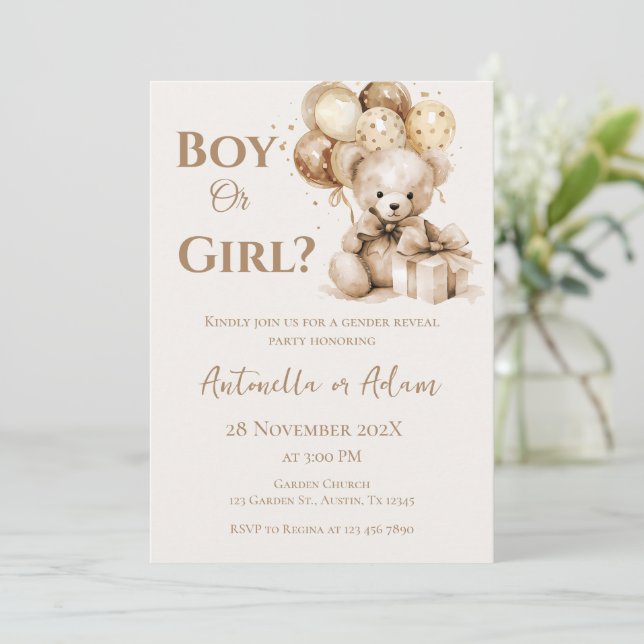 He or She Teddy Bear with Balloons Gender Reveal I Invitation (Standing Front)