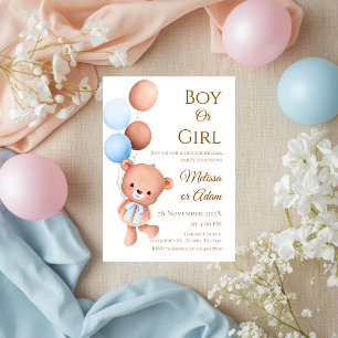 He or She Teddy Bear with Balloons Gender Reveal I Invitation