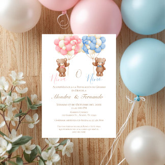 He or She Teddy Bear with Balloons Gender Reveal I Invitation