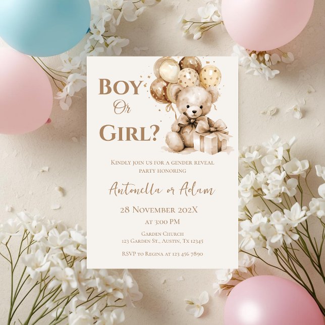 He or She Teddy Bear with Balloons Gender Reveal I Invitation (Creator Uploaded)