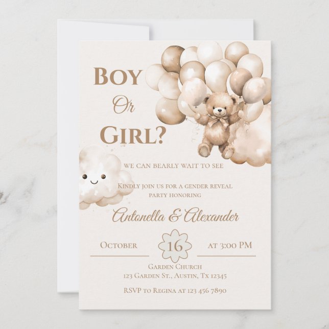 He or She Teddy Bear with Balloons Gender Reveal I Invitation (Front)