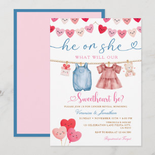 He or She Valentine Gender Reveal Clothesline Invitation