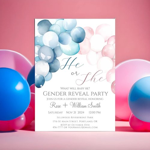 He or She Watercolor Blue and Pink Gender Reveal Invitation