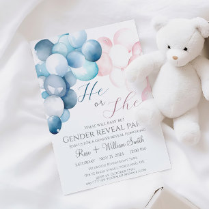 He or She Watercolor Blue and Pink Gender Reveal Invitation