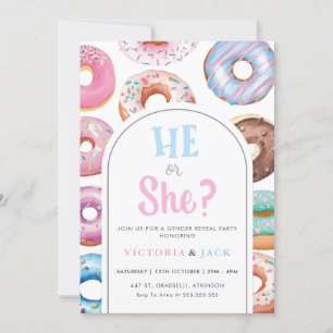 He or She Watercolor Donut Pattern gender reveal Invitation