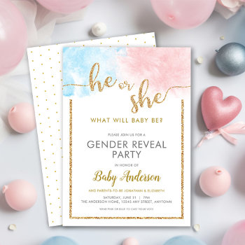 He Or She Watercolor Gold Glitter Gender Reveal Invitation by daisylin712 at Zazzle