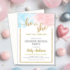 He Or She Watercolor Gold Glitter Gender Reveal Invitation at Zazzle