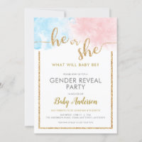 He or She Watercolor Gold Glitter Gender Reveal Invitation