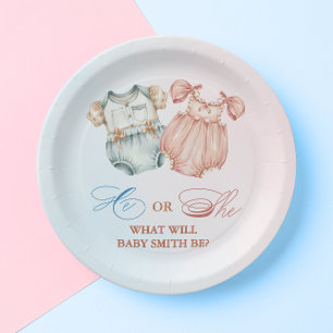 He or She Watercolor Pink Blue Baby Vintage Paper Plates