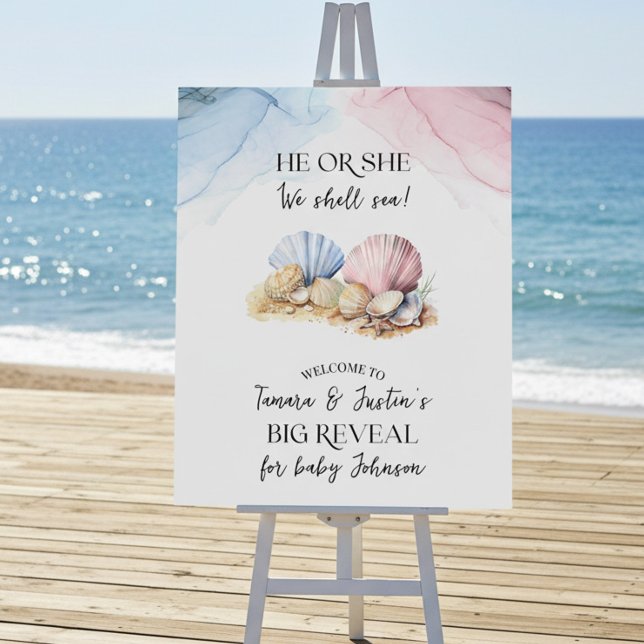 He or She We Shell Sea Coastal Reveal Welcome Foam Board (Welcome Board from the Coastal Gender Reveal - We Shell Sea collection by Darling & May)