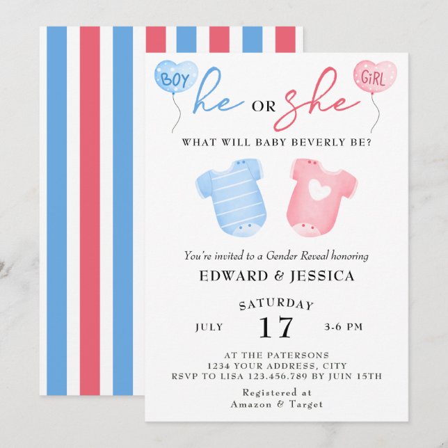 He or She What Will Baby Be Blue Pink Minimal Cute Invitation (Front/Back)