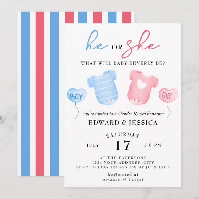 He or She What Will Baby Be Blue Pink Minimal Cute Invitation (Front/Back)