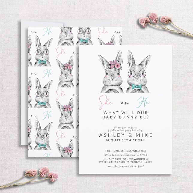 He or She What Will Baby Be Gender Reveal Bunny Invitation (Creator Uploaded)
