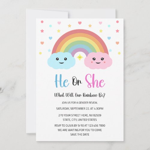 He or She What Will Our Rainbow Be Gender Reveal Invitation