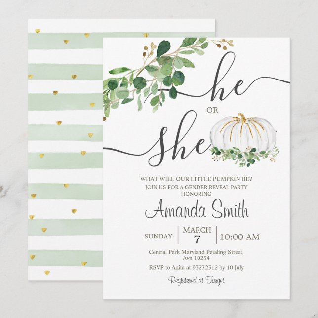 He or She White Pumpkin Gender Reveal Invitation (Front/Back)