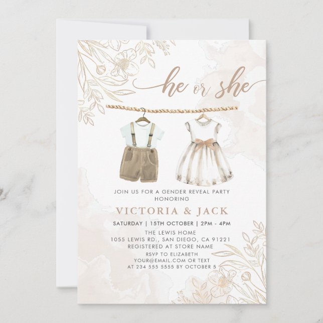 He or She Wildflower Baby Clothes Gender Reveal Invitation (Front)