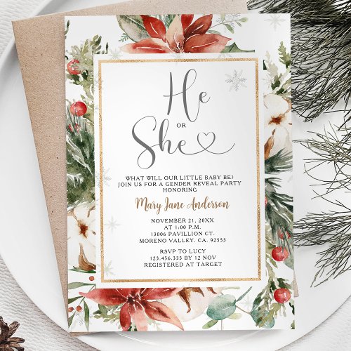 He or She Winter Christmas Floral Gender Reveal Invitation
