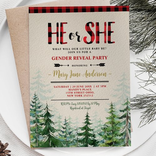 He or She Winter Lumberjack Forest Gender Reveal Invitation