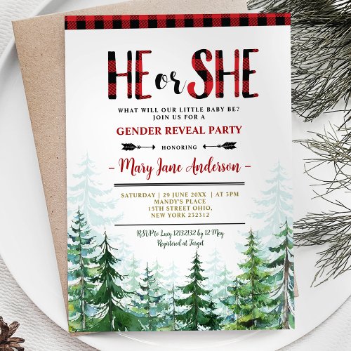 He or She Winter Lumberjack Forest Gender Reveal Invitation
