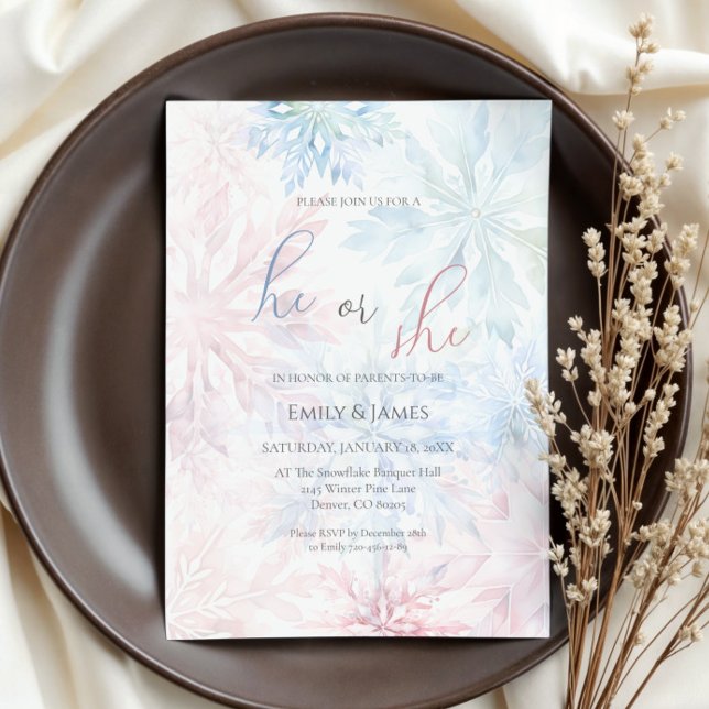 He or She Winter Pink Blue Snowflake Gender Party Invitation (Creator Uploaded)