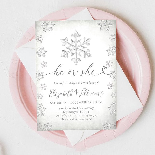 He or She Winter Snowflake Baby Shower Invitation (Creator Uploaded)
