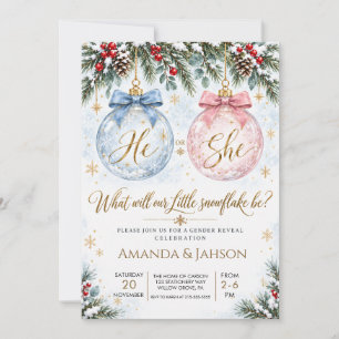 He or She Winter Snowflake Gender Reveal Invitation