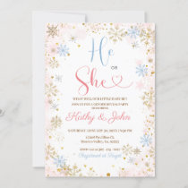 He or She Winter Snowflake Pink Floral Baby Shower Invitation