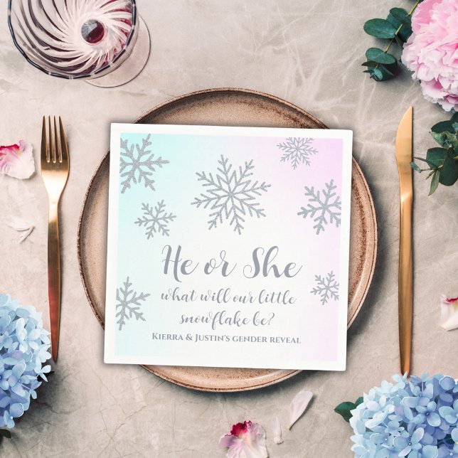 He Or She Winter Wonderland Gender Reveal Party Napkins (winter wonderland gender reveal party napkins silver glitter snowflake baby pink and blue)