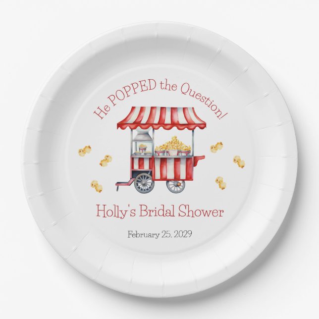 He Popped the Question! Popcorn Bridal Shower Paper Plates (Front)