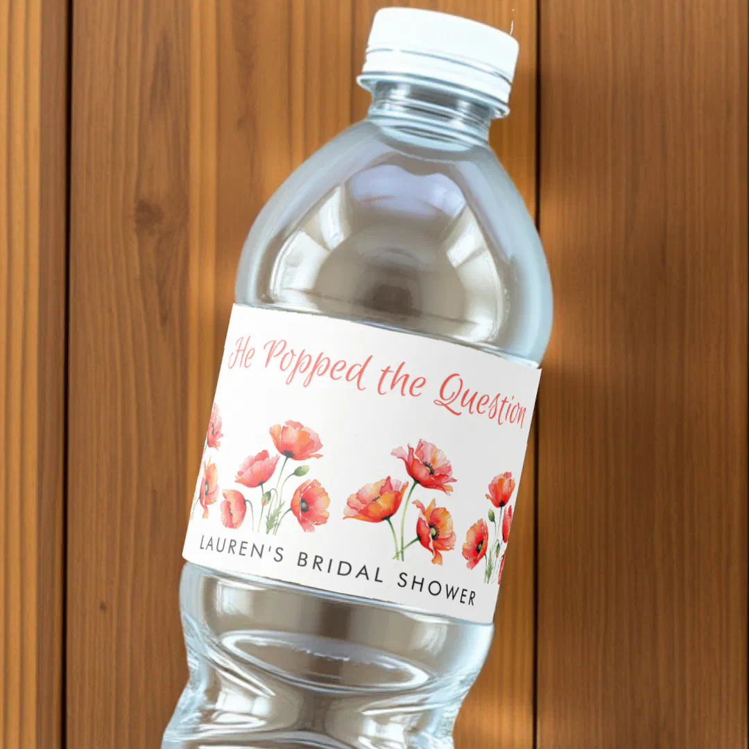 He Popped the Question Poppy Flower Bridal Shower Water Bottle Label ...
