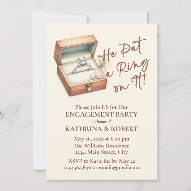 He Put a Ring on It! Beige Engagement Party Invitation (Front)
