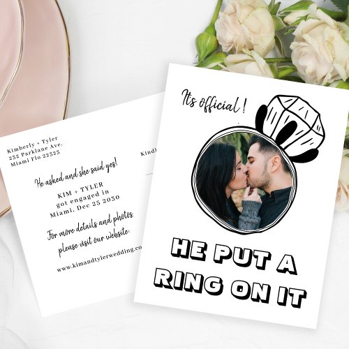 He put a ring on it photo casual engagement announcement postcard