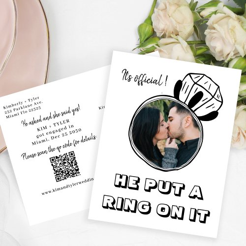 He put a ring on it photo QR CODE engagement Announcement Postcard