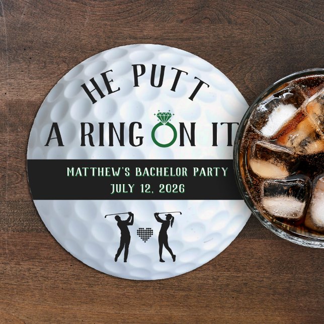 He Putt a Ring On It Golf Bachelor Party Round Paper Coaster (Creator Uploaded)