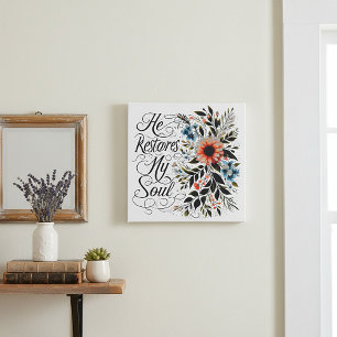 He restores my soul floral faux canvas print