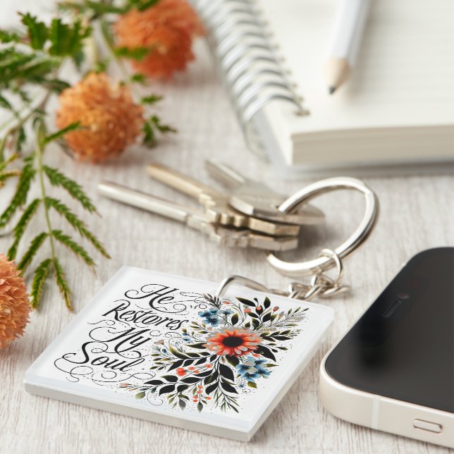 He restores my soul floral keychain (Front Right)